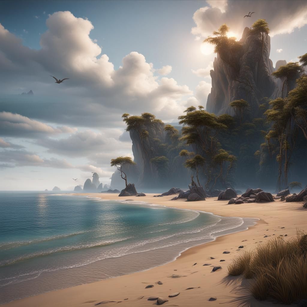 Calm Waves on a Beautiful Beach: Detailed Matte Painting