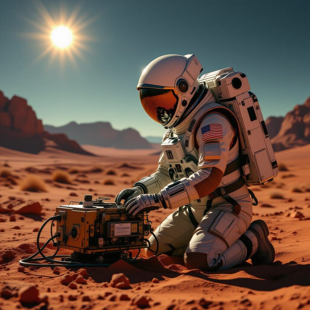 Astronaut Repairs Machinery on Alien Planet Under Twin Suns