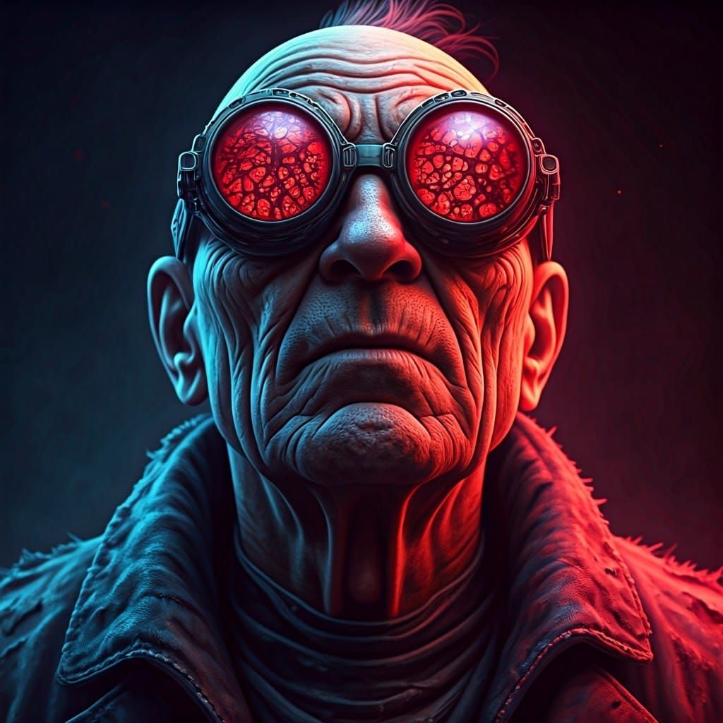 Elderly Man in Cyberpunk Goggles with Otherworldly Sheen