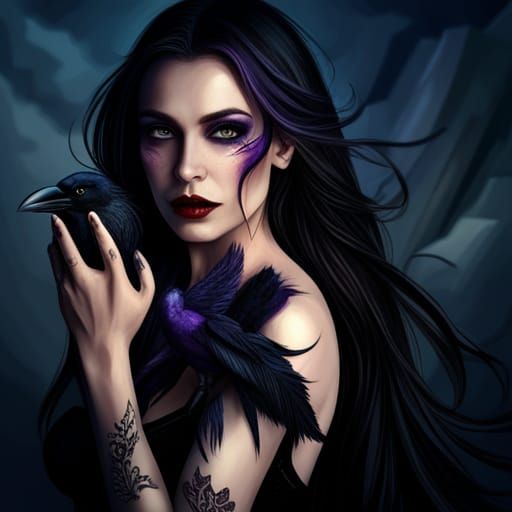 Gothic Raven Queen with Crow, Hyperdetailed Dark Fantasy