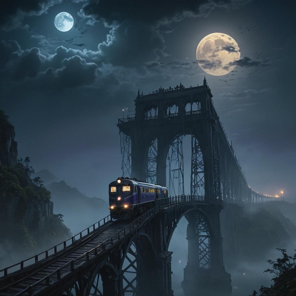 Mystical Train Journey Under Moonlight: Dark Fantasy Art