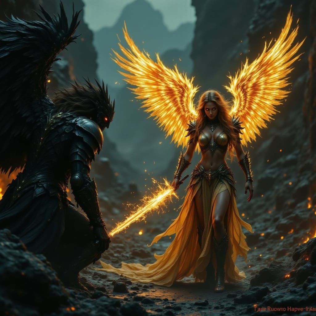 Ethereal Angel and Ominous Demon in Chiaroscuro