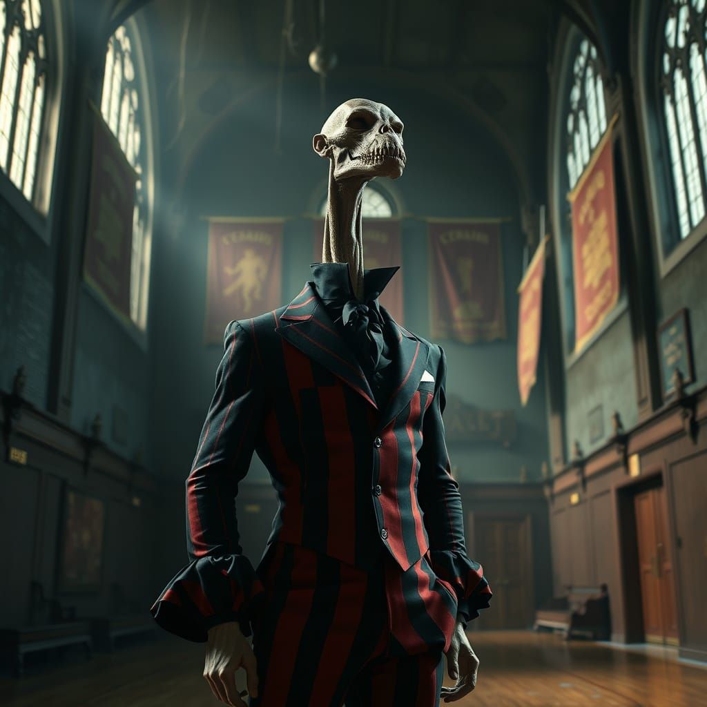 Elegant Stranger in Gothic Gymnasium