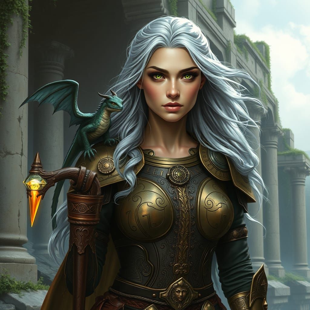 Armored Woman with Dragon in Ancient Ruins