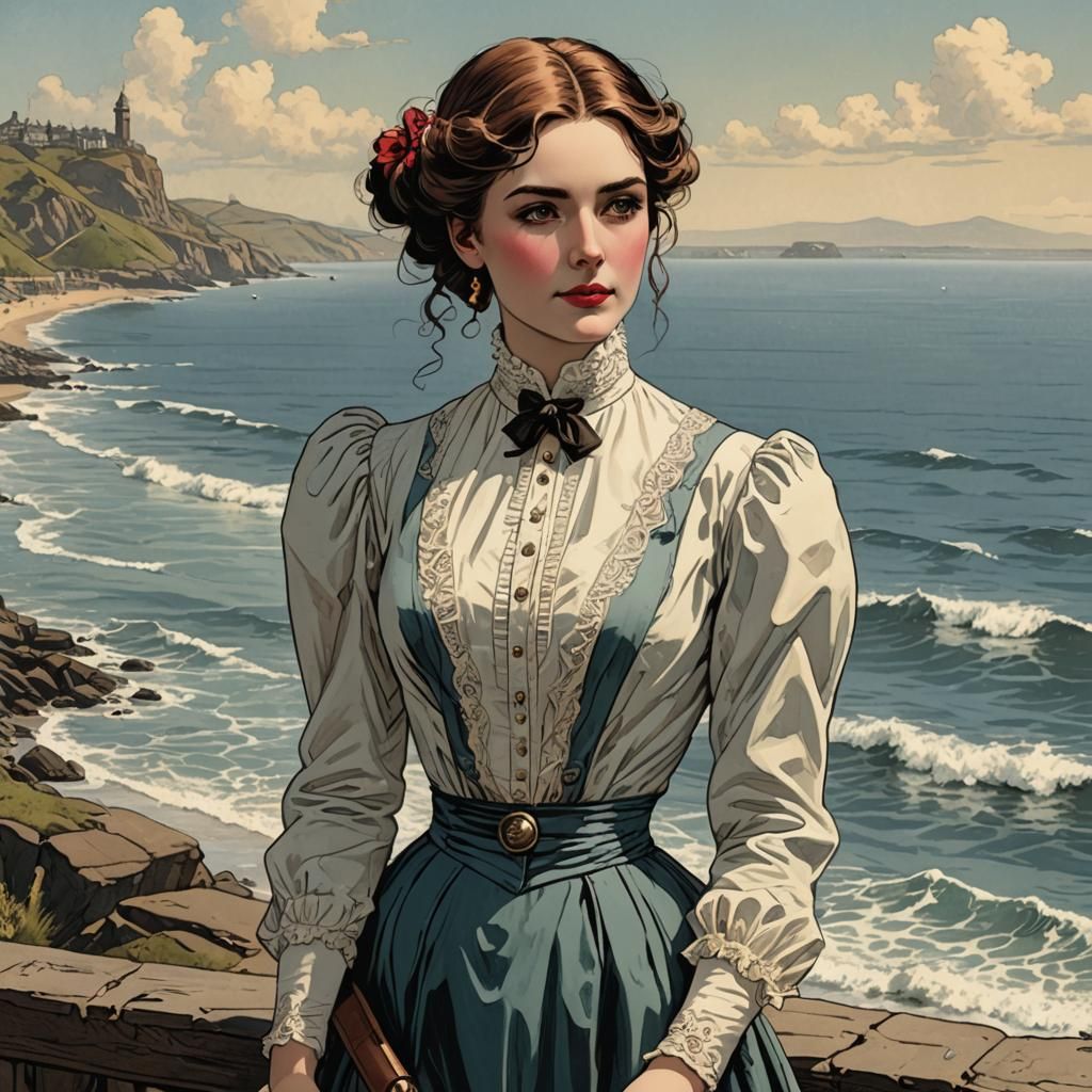 Elegant Victorian Lady in a Coastal Setting as Comic Book Ar...