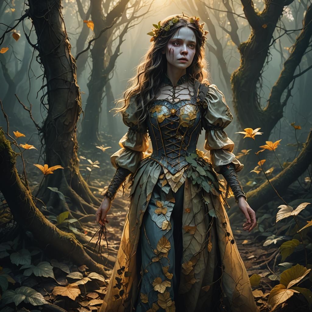 Cracked Porcelain Doll Woman in Mystical Forest