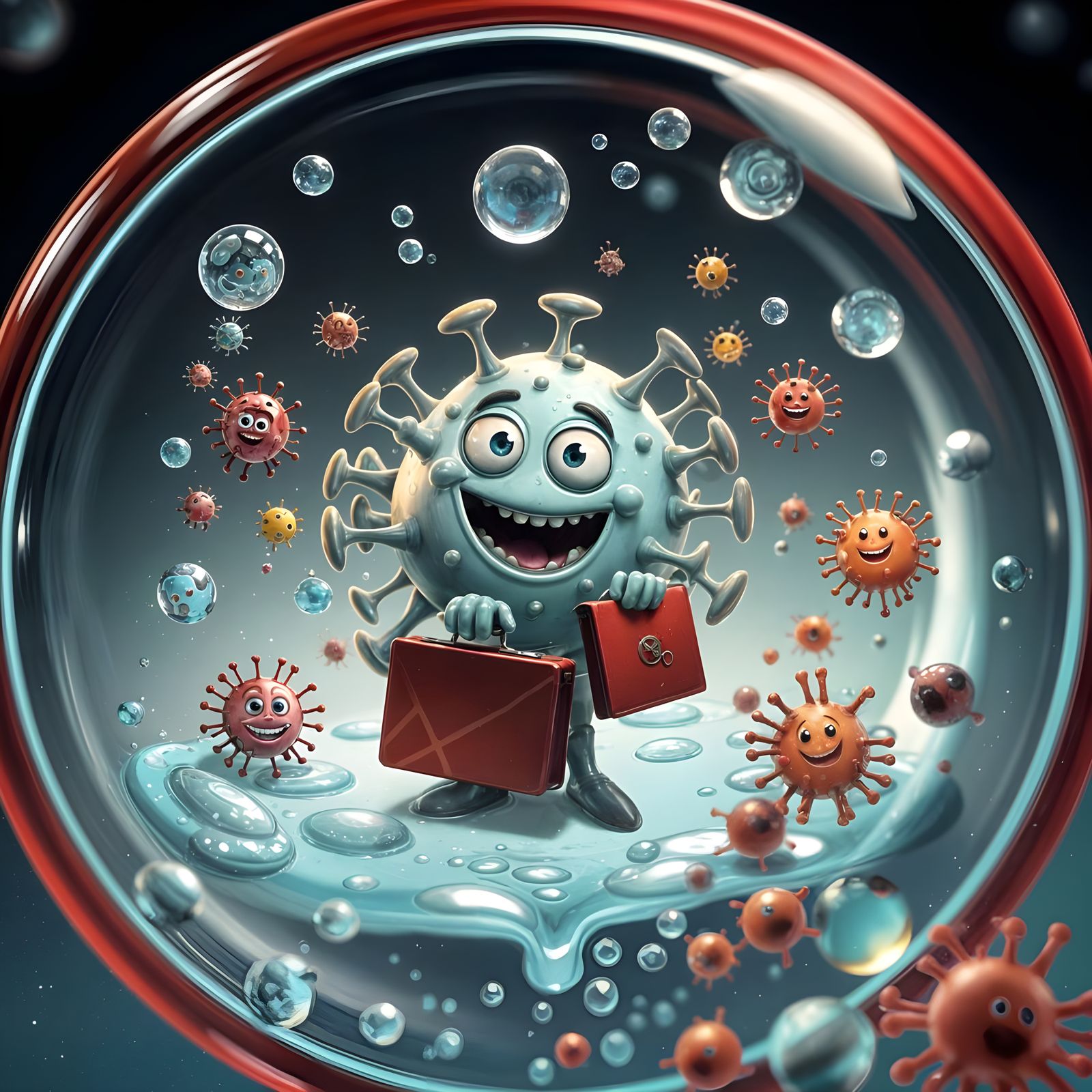 Virus with Briefcase in Lab Slide, Cartoon Masterpiece