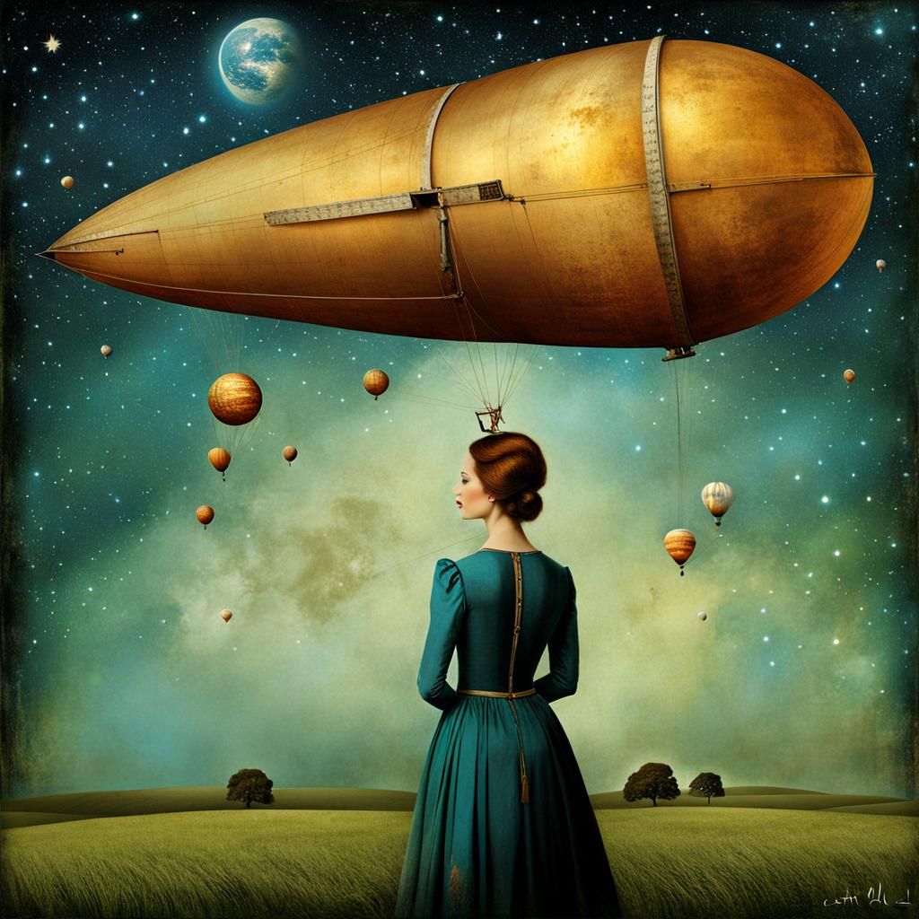 Astronaut and Rocket in Dreamlike Illustration