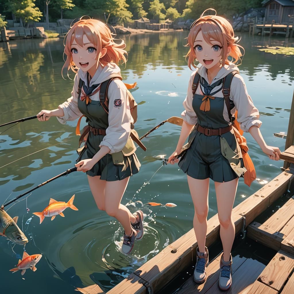 Anime Girls Fishing: Vibrant 3D Art in Pastel Colors