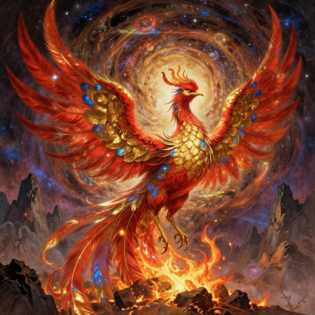 Majestic Phoenix Rises From Cosmic Embers in Fantasy Art Sty...