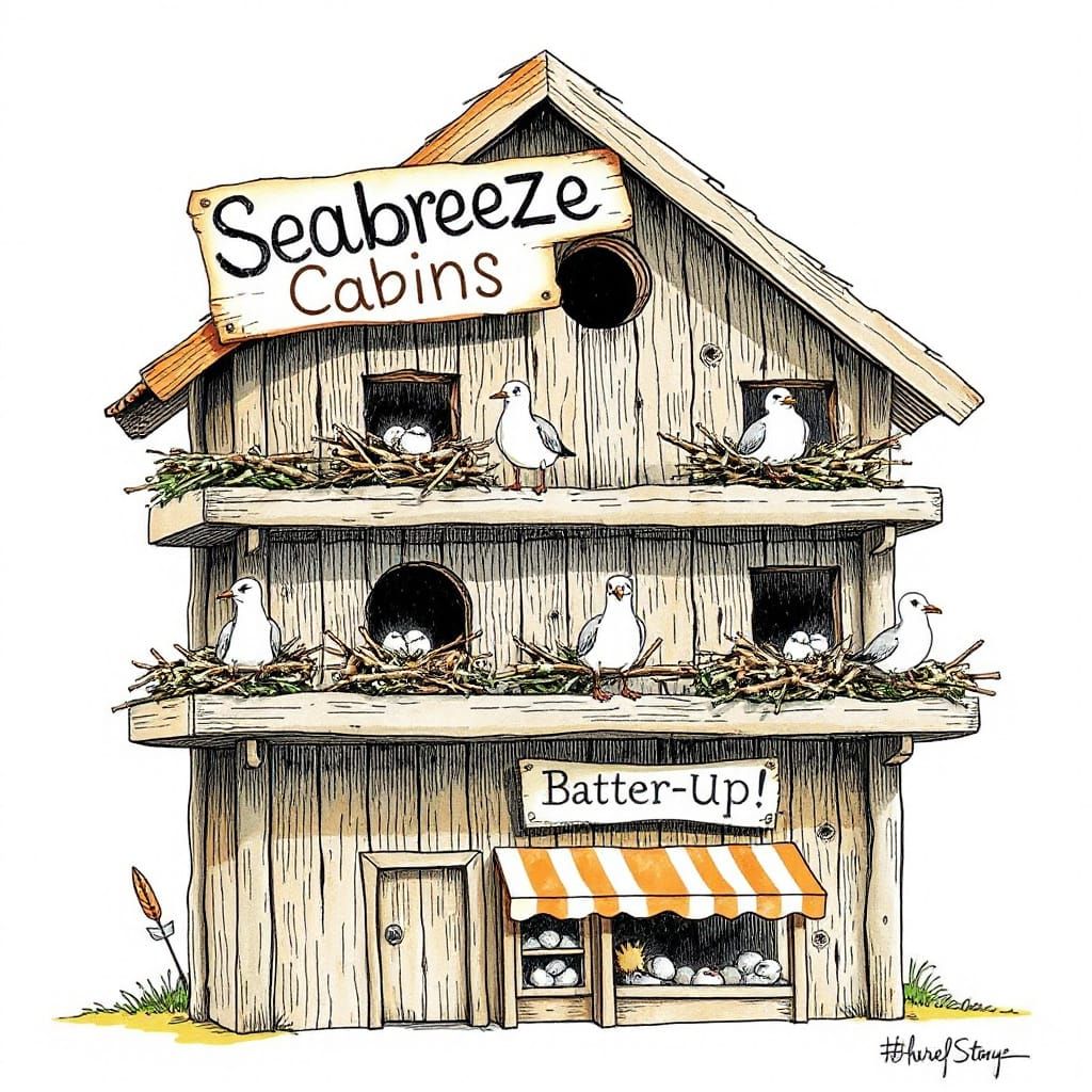 Seaside Birdhouse Complex in Storybook Illustration Style