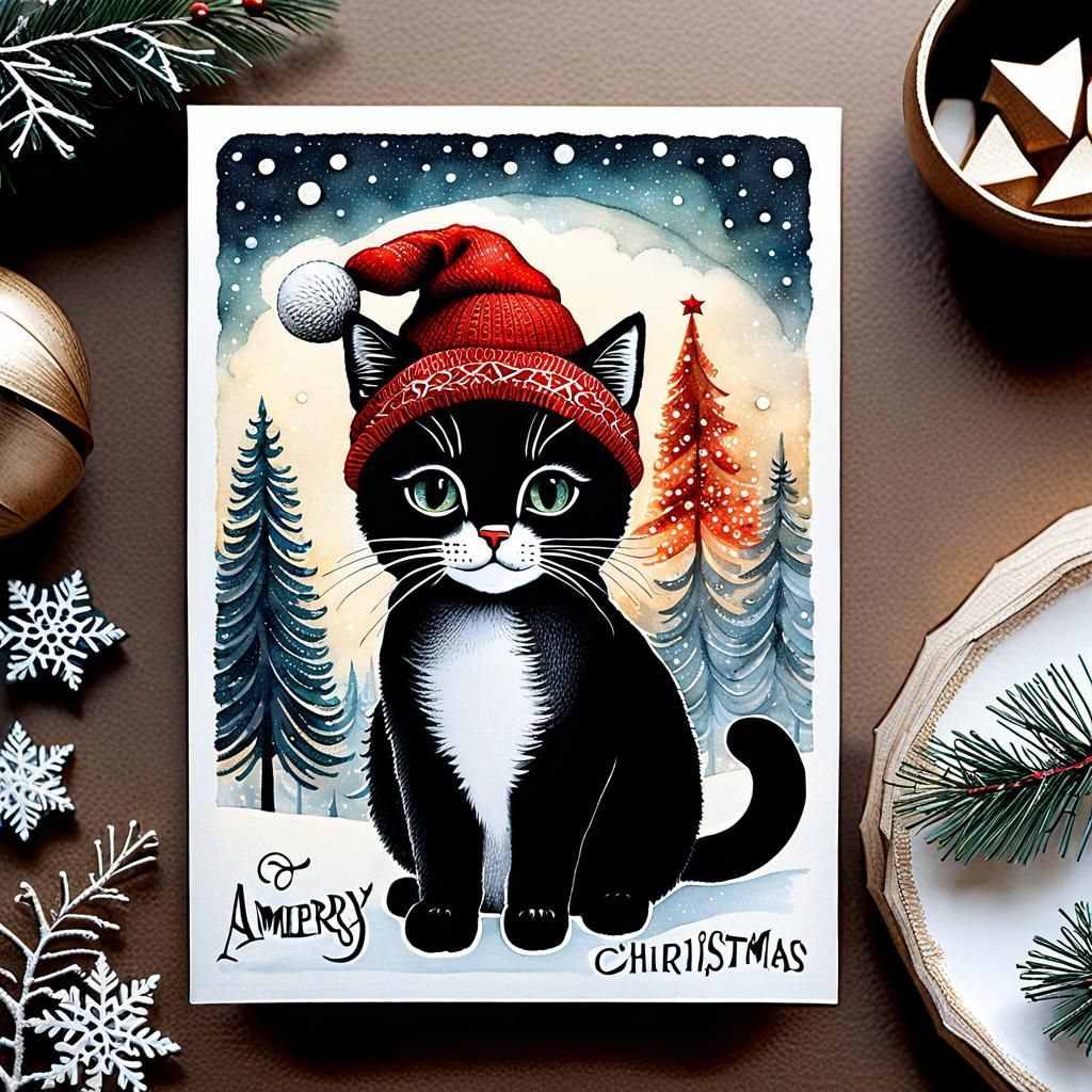 Festive Kitty Christmas Postcard in Watercolor Style