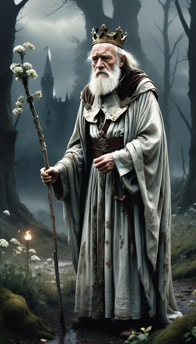 King Lear in Stormy Forest: Oil Painting Realism