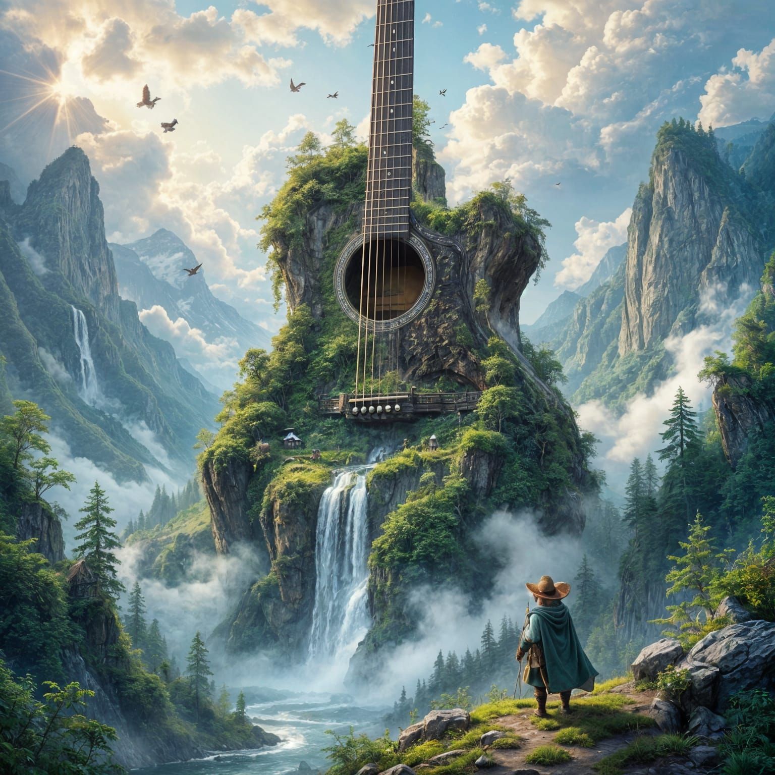 Giant Guitar Mountain Valley with Forest and Waterfall