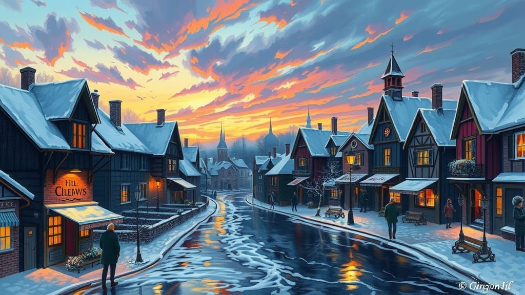 European Town at Twilight: A Vibrant Pixelated Painting