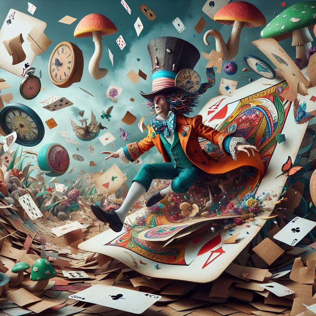 Whimsical Wonderland Figure Emerges from Card in Vibrant, Dr...