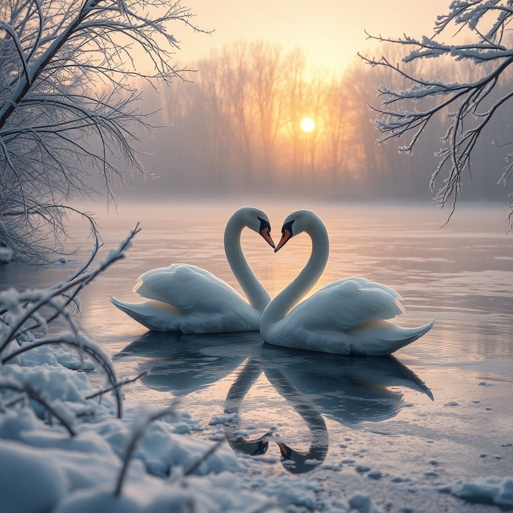 Frozen Serenity: Swans Embracing on Snowy Winter Lake