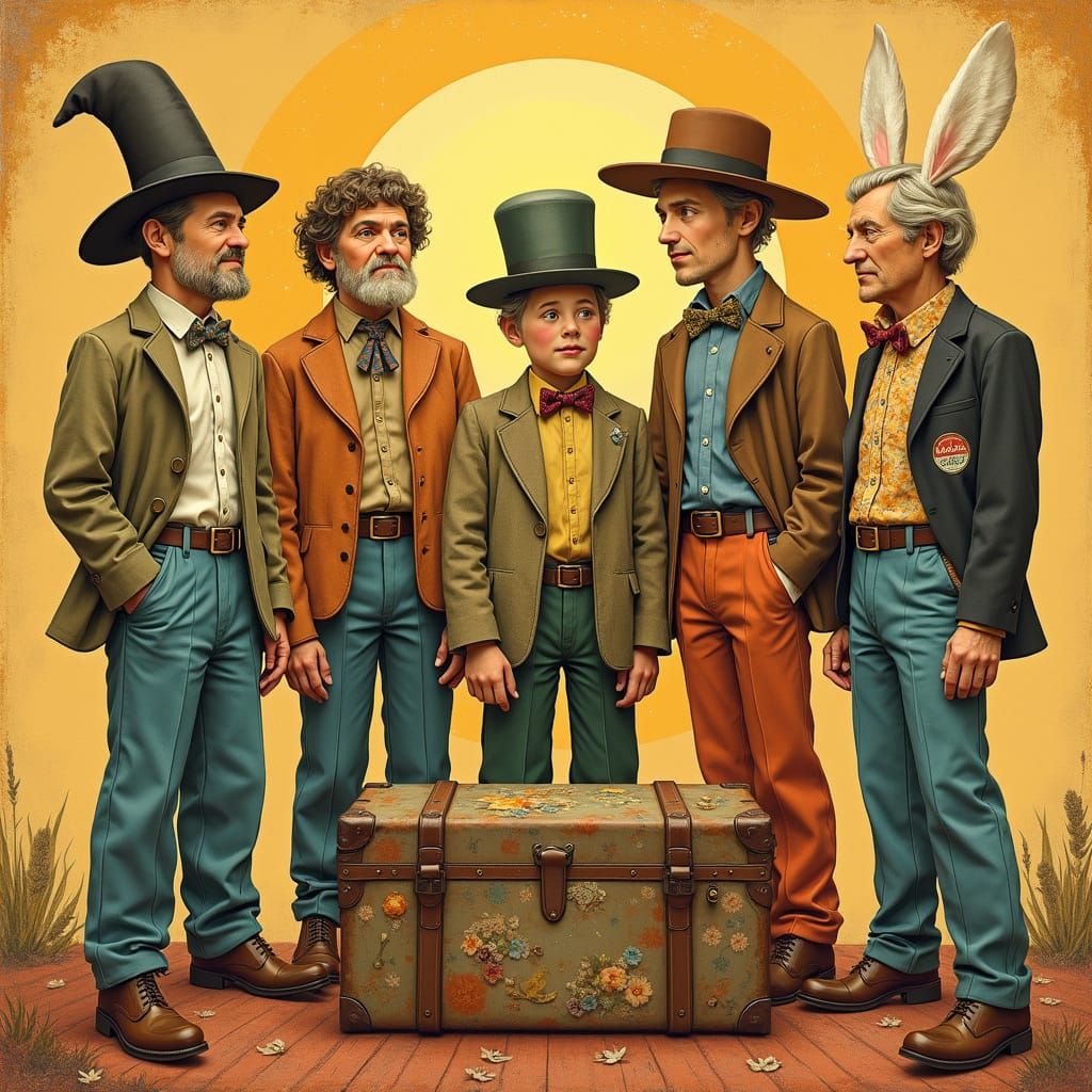 Vintage Pants Gather Around Antique Trunk in Whimsical Art N...