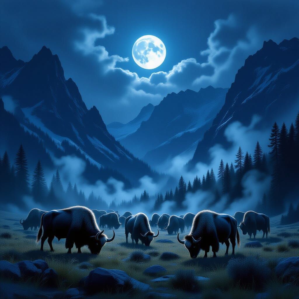 Majestic Bezons Grazing in Dark American Mountains
