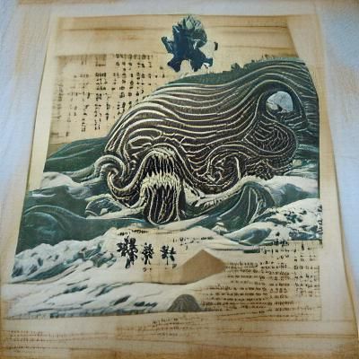 Cthulhu Emerges: A Lovecraftian Woodblock Print