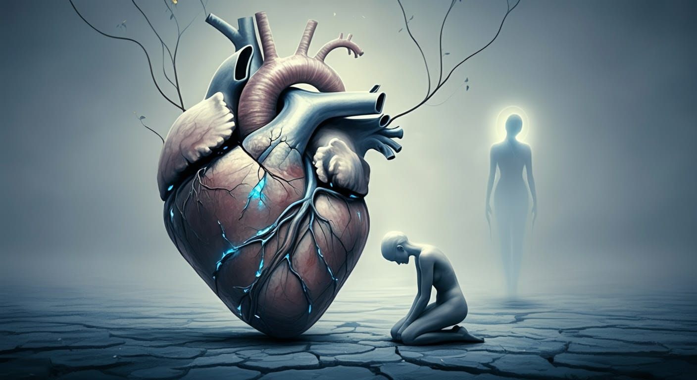 Fragile Glass Figure with Cracked Heart in Surreal Style