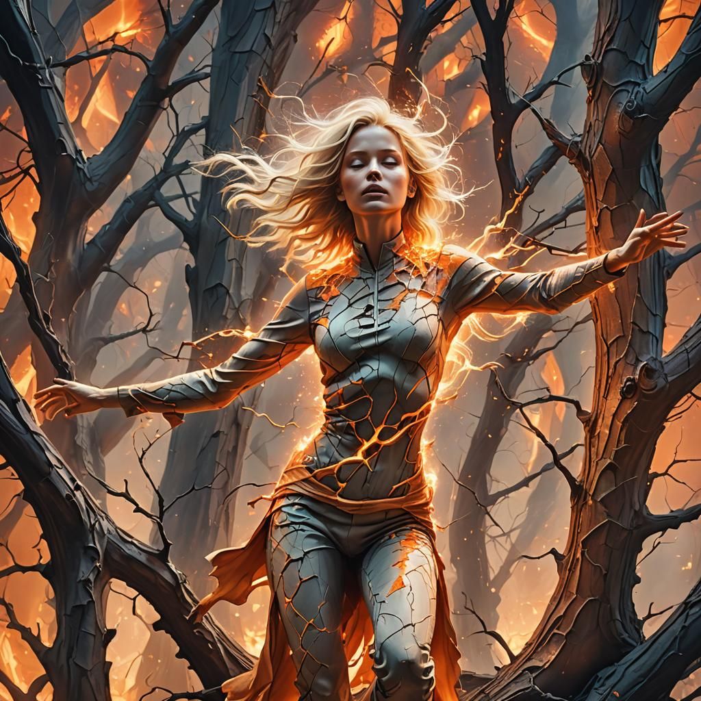 Surreal Blonde Levitation with Cracks and Glowing Energy
