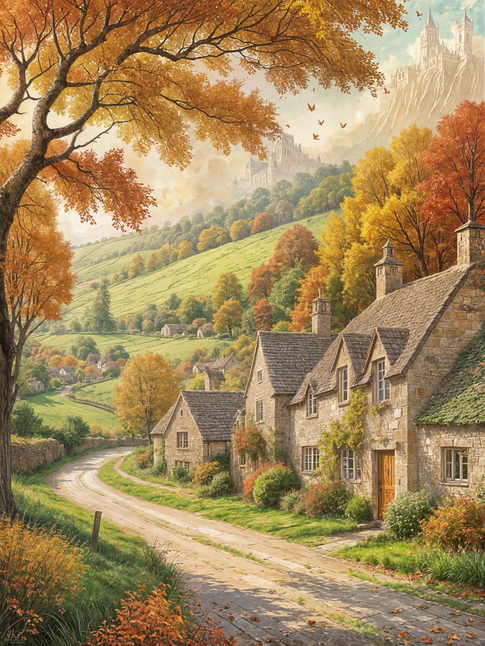 Autumn in the Cotswolds: Watercolor Illustration