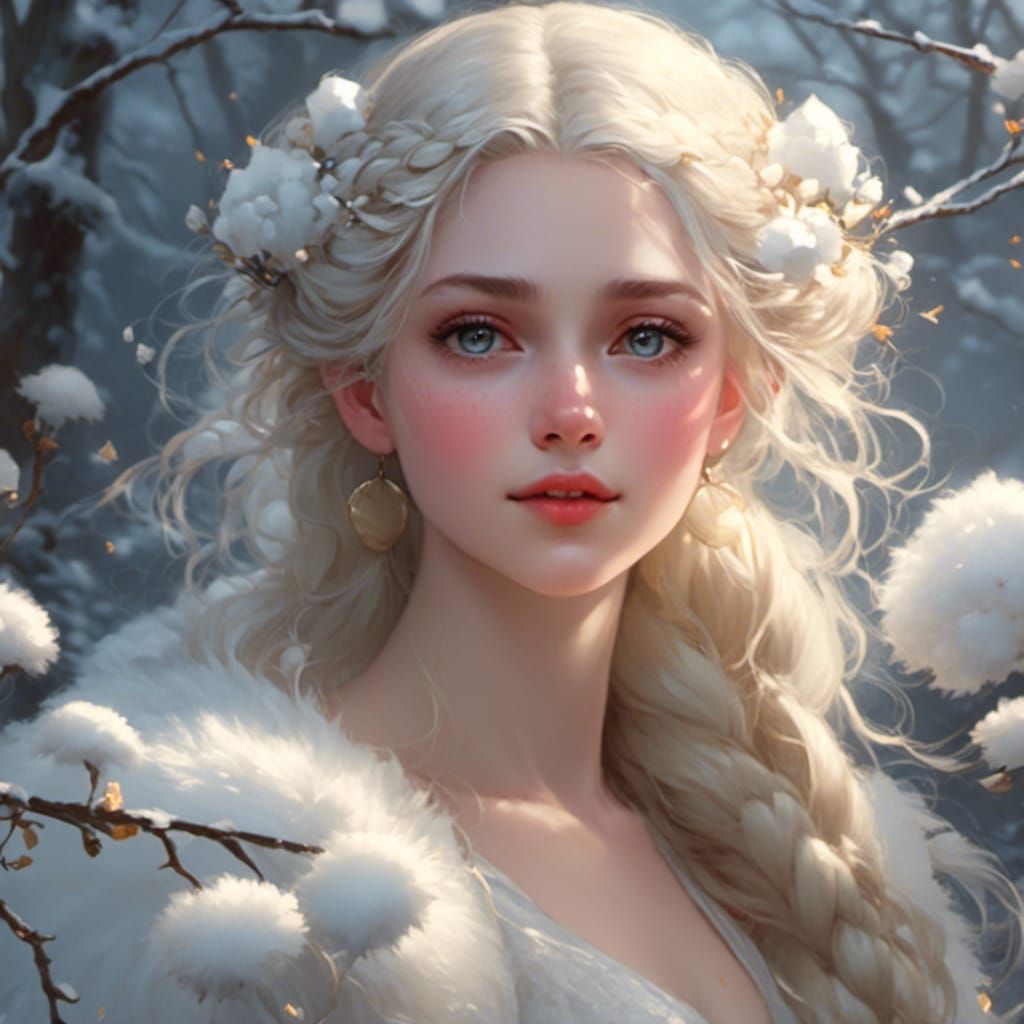 Snow Fairy Girl in Winter Garden, Digital Oil Painting