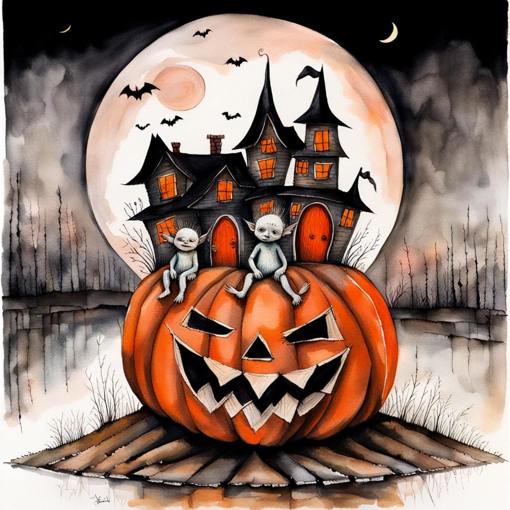 Halloween Village with Trolls in Mirrored Pumpkin