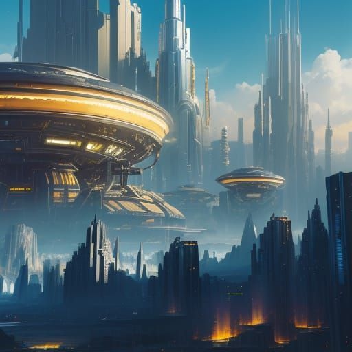 Futuristic Android City in Vibrant Oil Painting Style