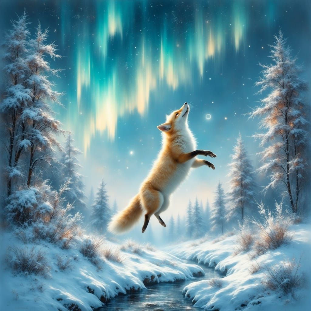 Ethereal Arctic Fox Leaps into Snowy Landscape