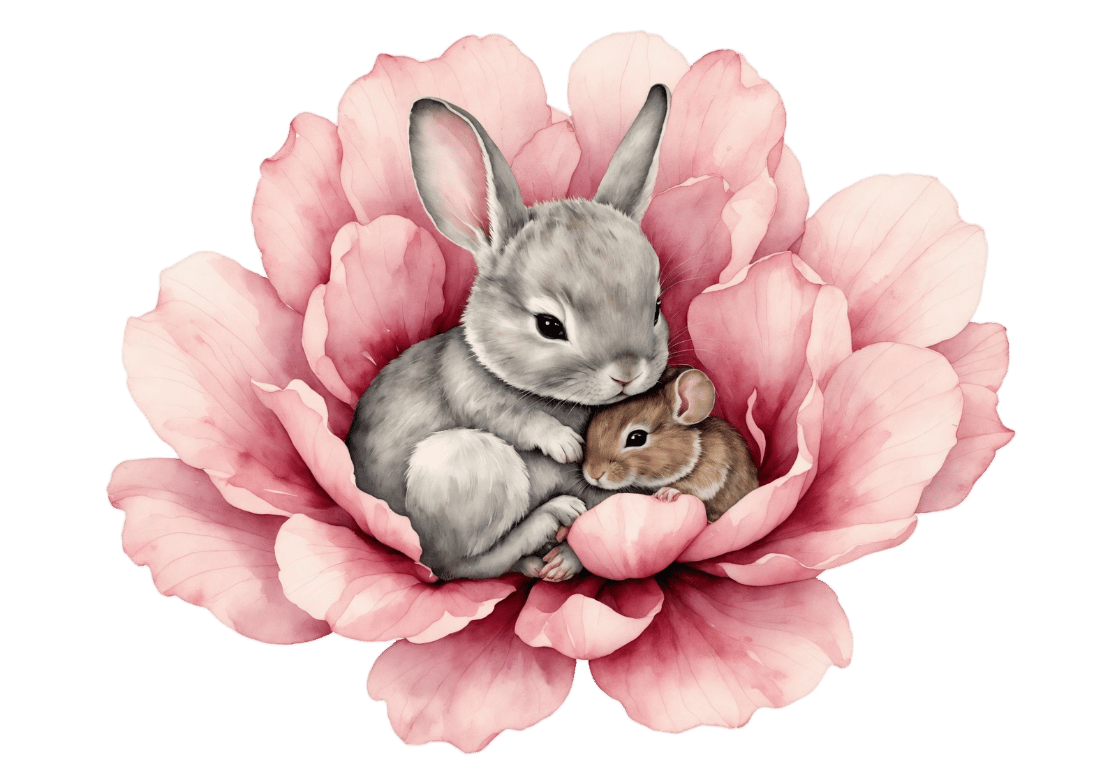 Watercolor Bunny and Mouse Sleeping in Flower