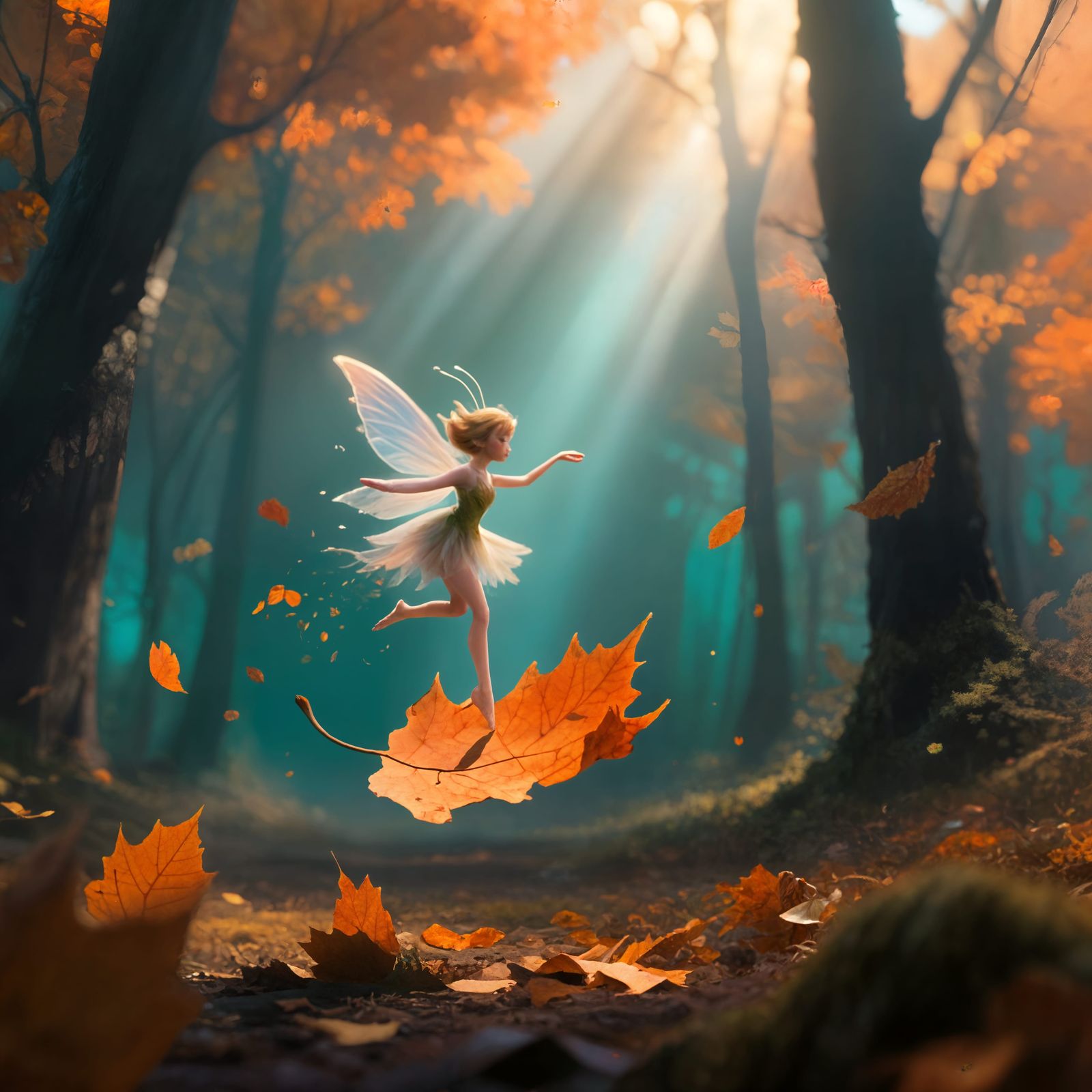 Fairy Dancing on Autumn Leaf in Soft Sunlight