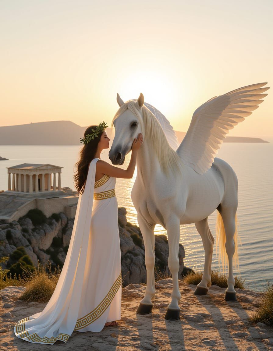Greek Woman and Winged Horse at Sunset