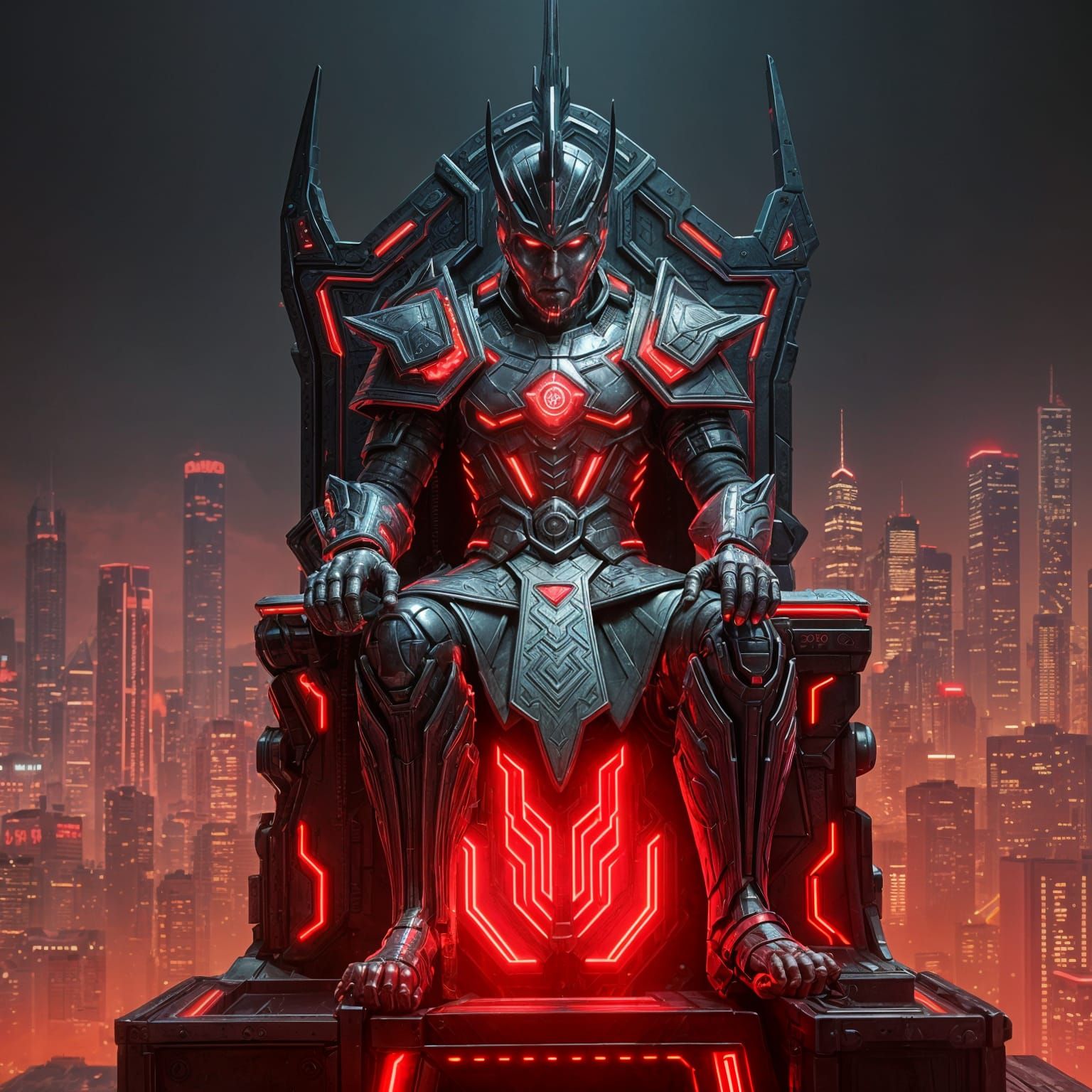 Cyberpunk Warrior King in Neon Throne