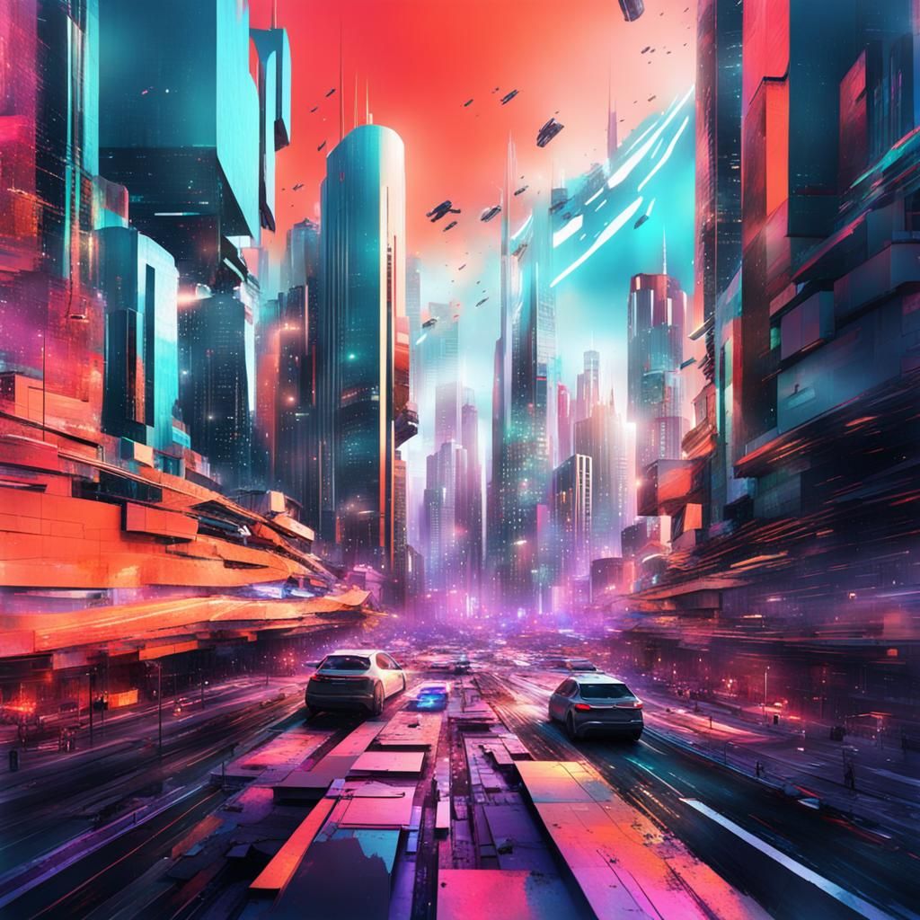Futuristic Cityscape in Mixed Media Style