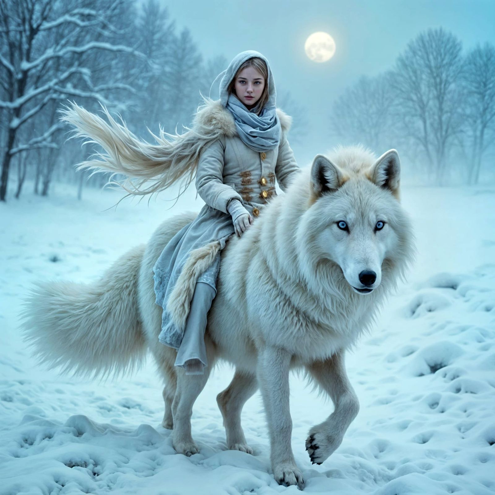 White Android Girl Rides Fox in Blizzard