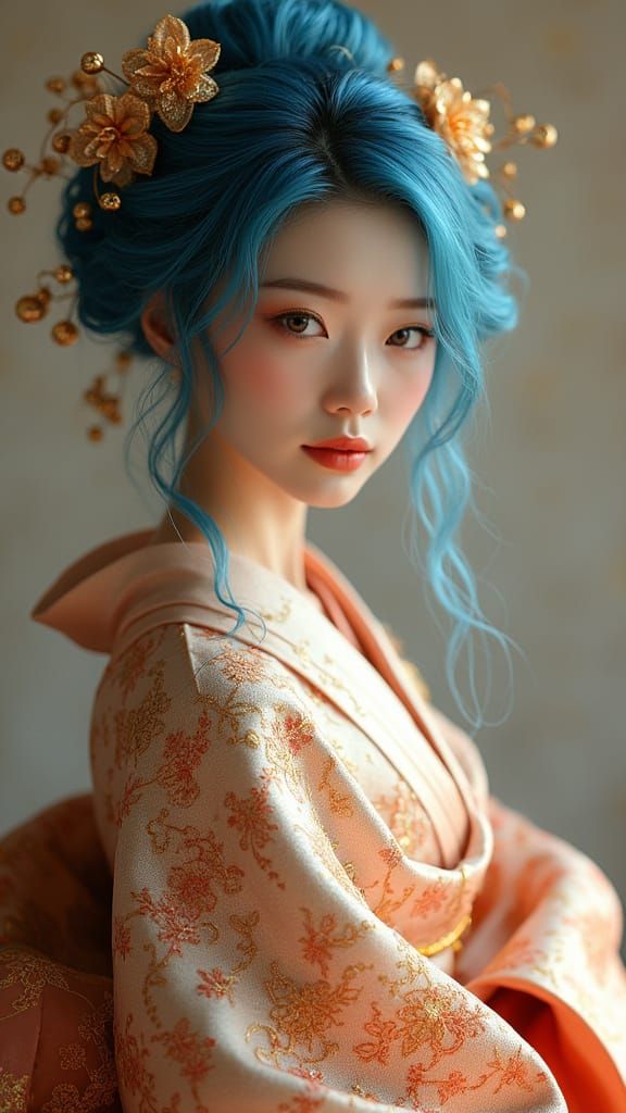 Elegant Woman in Traditional Japanese Dress with Gold Embroi...