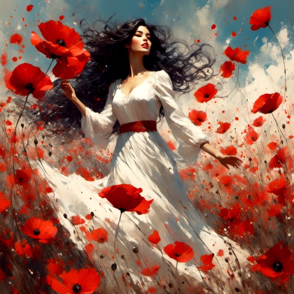 Woman Dancing in Poppy Field: Impressionist Style