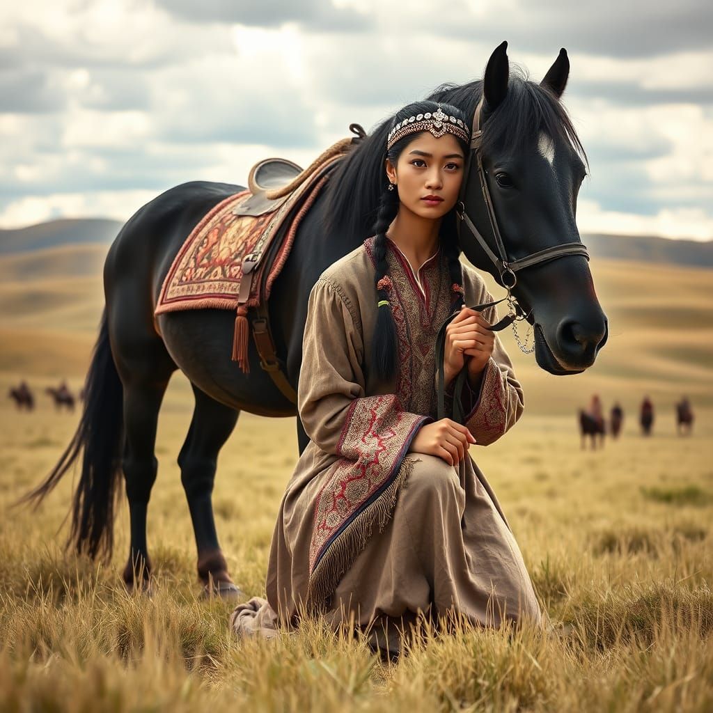 Mongolian Woman with Horse on Grassy Steppe