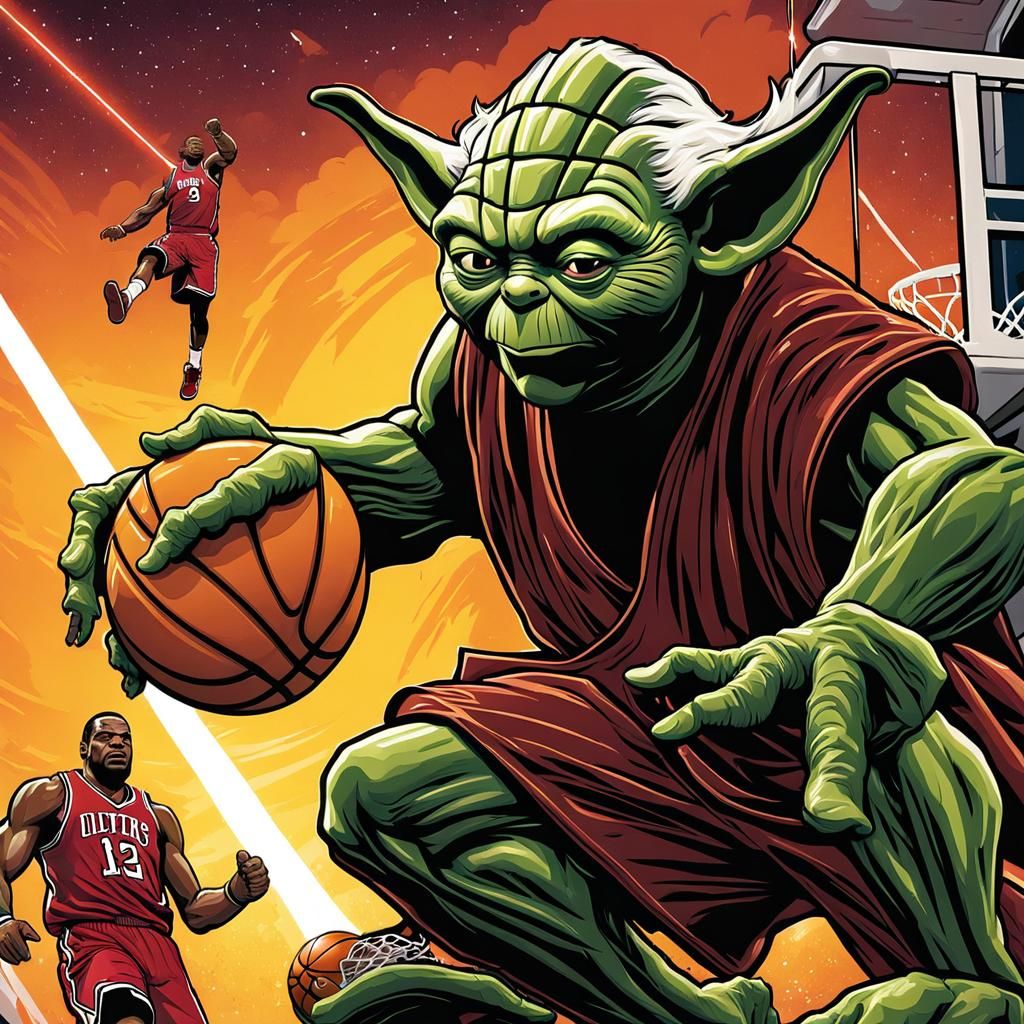 Yoda Dunks on Lebron: Comic Book NBA Art