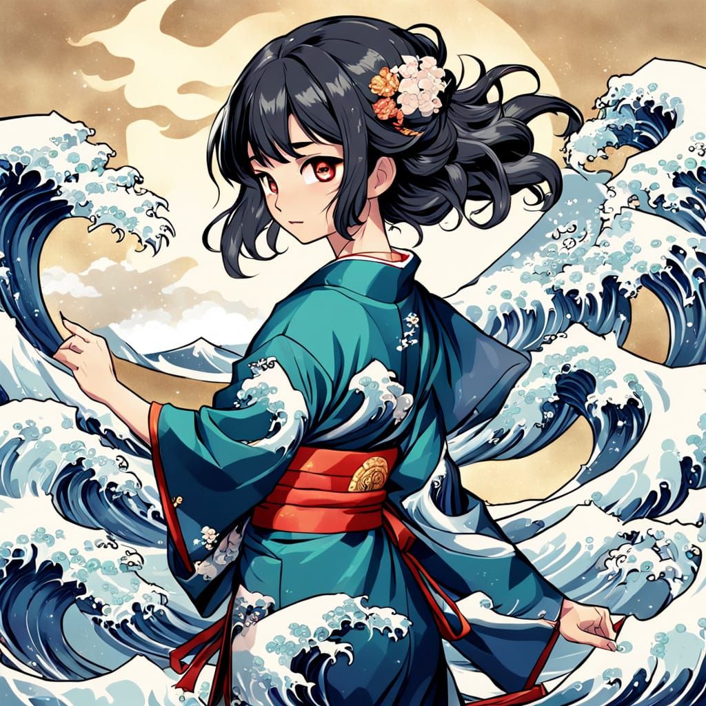Anime Girl Adrift Amidst Great Wave