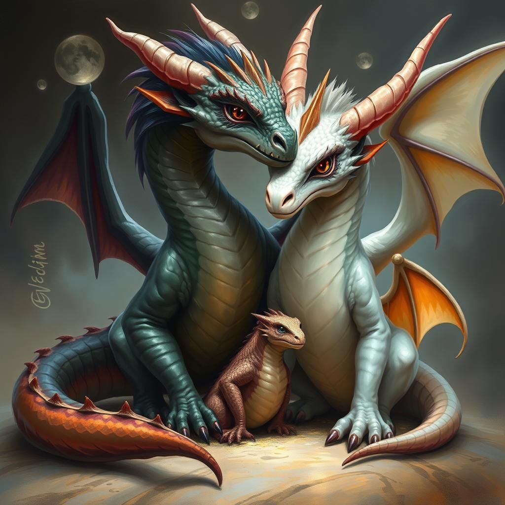 Dragon Family Portrait in Digital Painting Style