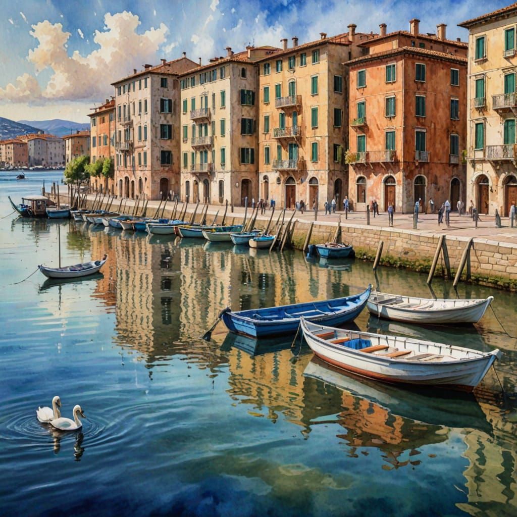 Italian Waterfront Palazzo in Vibrant Hyperrealism