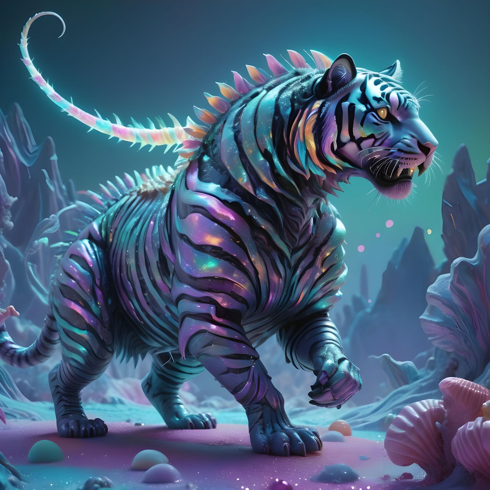 Neon Tiger-Trilobite Hybrid in Psychedelic Landscape