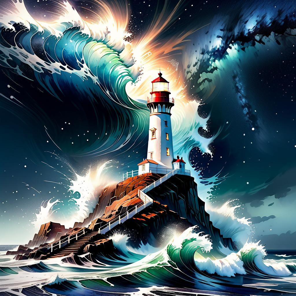 Ocean Wave Towers Over Lighthouse in Watercolor