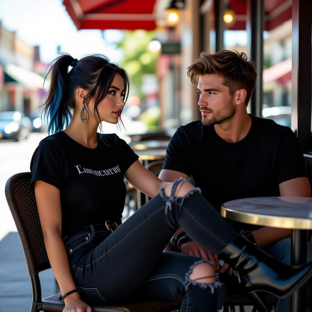 Cafe Scene with Woman in Boots, Cinematic Style