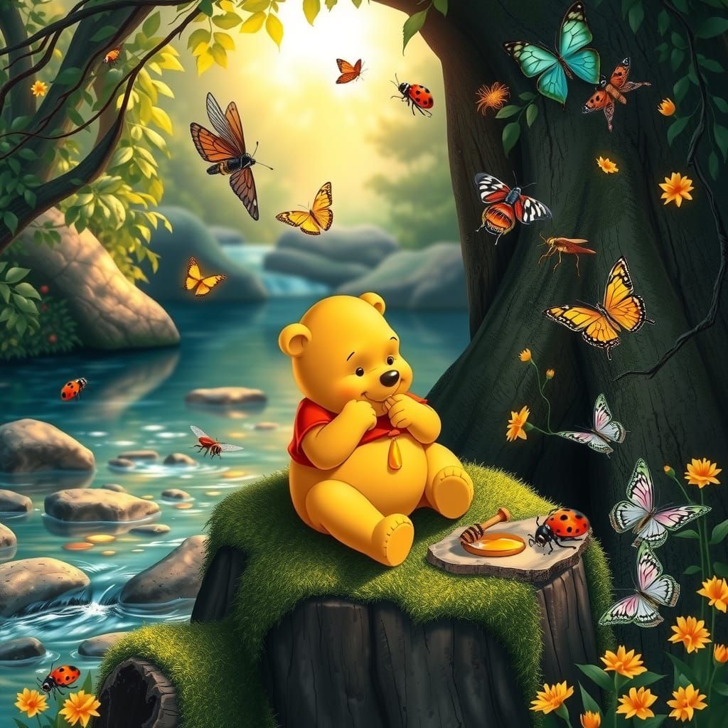 Serene Cottage Scene with Winnie the Pooh and Honey