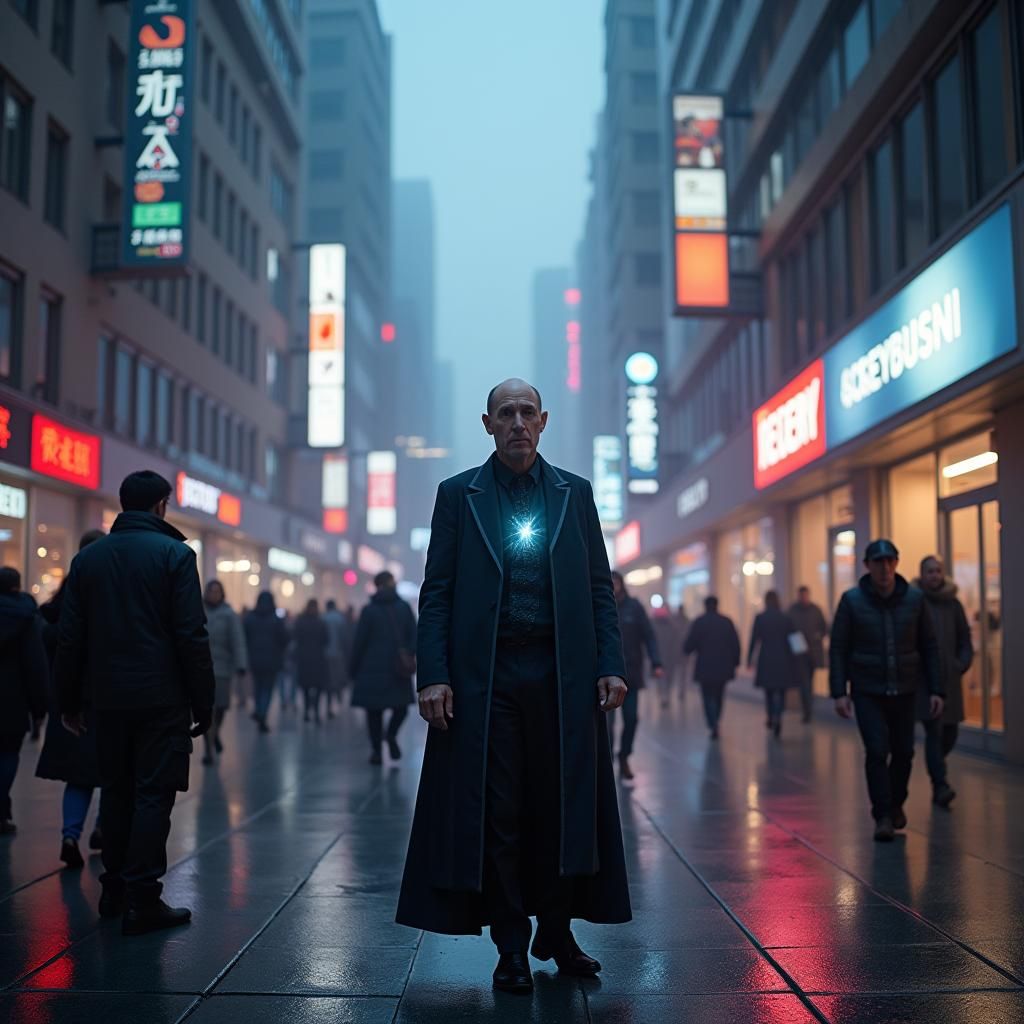 Wizard in Postmodern Cityscape: Cinematic Still