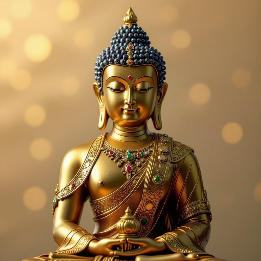 Golden Buddha Statue with Jewels in Photorealistic Style